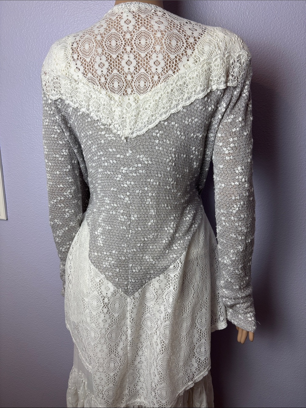 Victorian Style Lace-Panel Open Front Cardigan in Soft Gray and Ivory Bustle